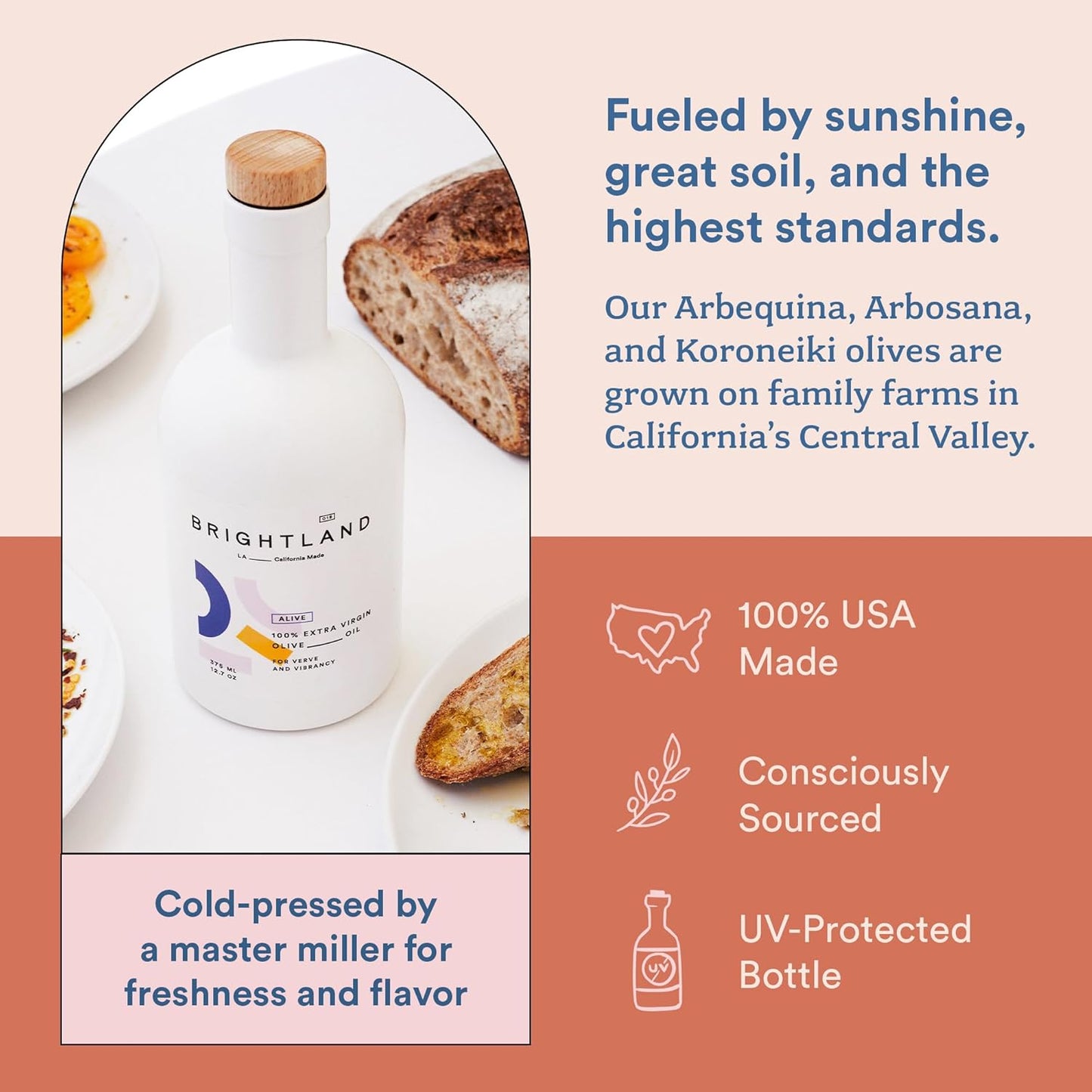 Brightland Extra Virgin Olive Oil, Alive - High Polyphenol Cold-Pressed Oil Ideal for Salads, Hummus, Baked Goods & Bread - Made from Arbosana, Arbequina & Koroneiki Olives - 12.7 Fl Oz