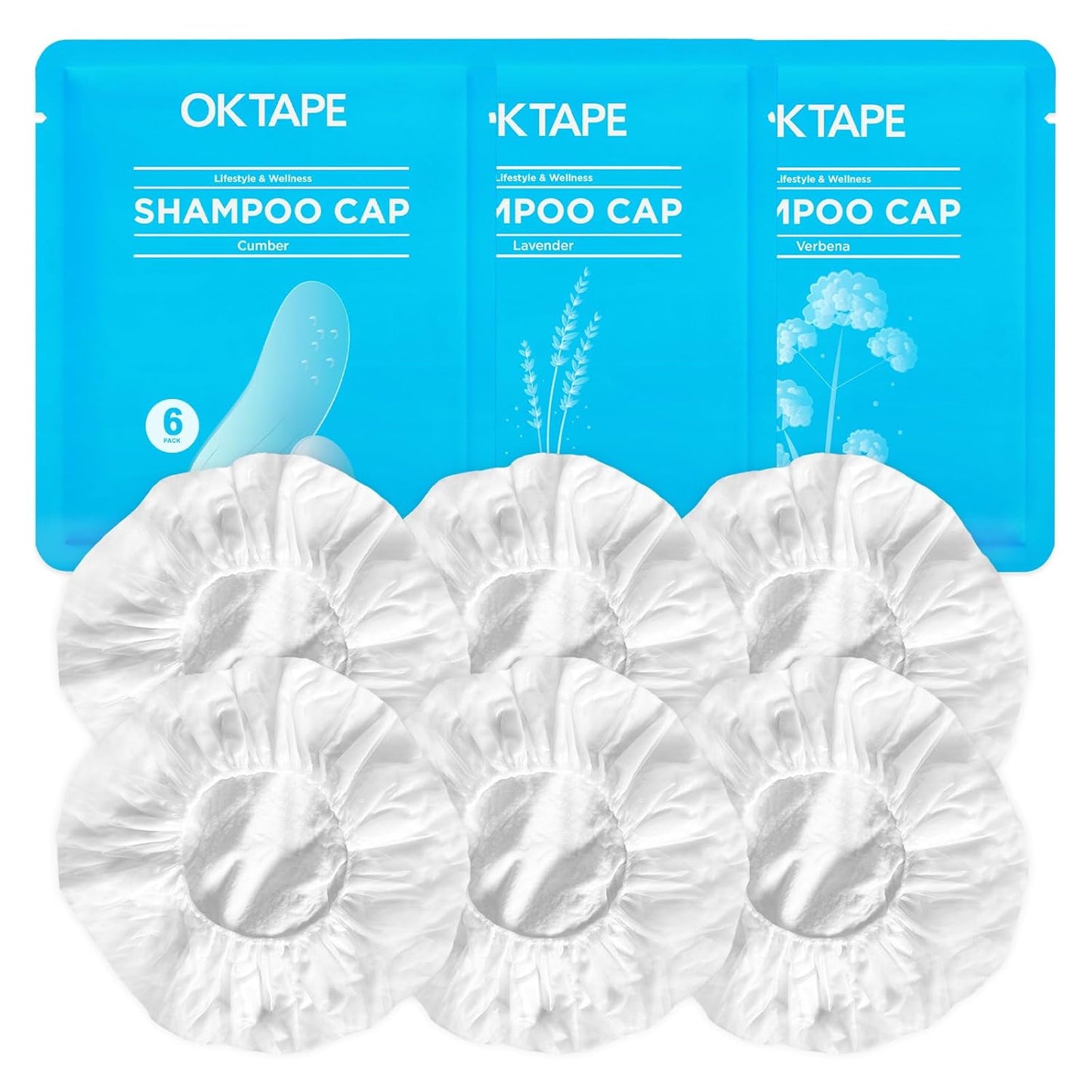OK TAPE No Water Shampoo Caps (6 Pack) 3 Scents, Rinse Free Shower Cap for Elderly, After Surgery, Camping, Shampoo and Conditioner Hair Wash Cap (Lavender, Verbena and Cucumber Scents)
