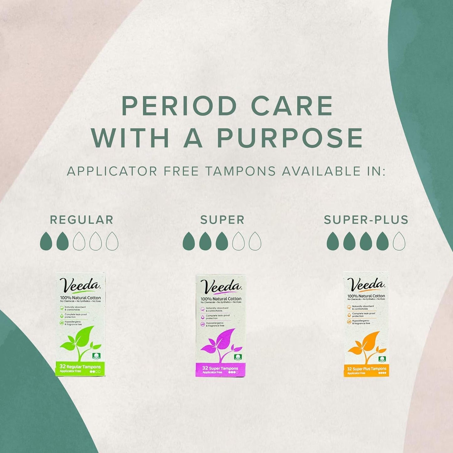 Veeda 100% Natural Cotton Tampons Super Absorbency - Non-Applicator Tampons with leak proof protection - Unscented, Chlorine & Toxin Free - 96 Count