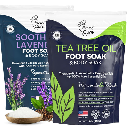 FOOT CURE Tea Tree Oil & Soothing Lavender Foot Soak with Epsom Salt - Best Toenail Treatment & Softens Calluses - Soothes Sore & Tired Feet, Foot Odor Scent, Spa Pedicure - 16 oz (Pack of 2)