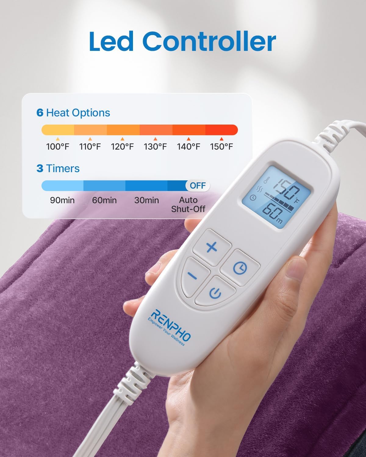 RENPHO Heating Pad for Neck and Shoulders and Back Pain Relief, Birthday Christmas Gifts for Men Women Mom Wife Seniors, FSA Eligible Items, Electric Heat Pad, ETL Certified, 24"x33", Purple