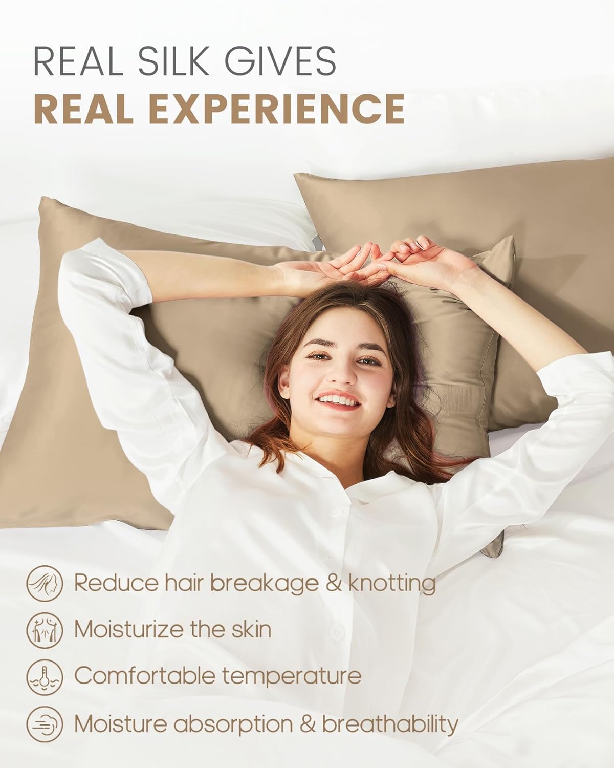 THXSILK Mulberry Silk Pillowcase for Hair and Skin, 100% Mulberry Silk Bed Pillowcase, Hypoallergenic Soft Breathable Both Sides Silk Pillow Case with Hidden Zipper, King Pillow Case 20"x36", Taupe