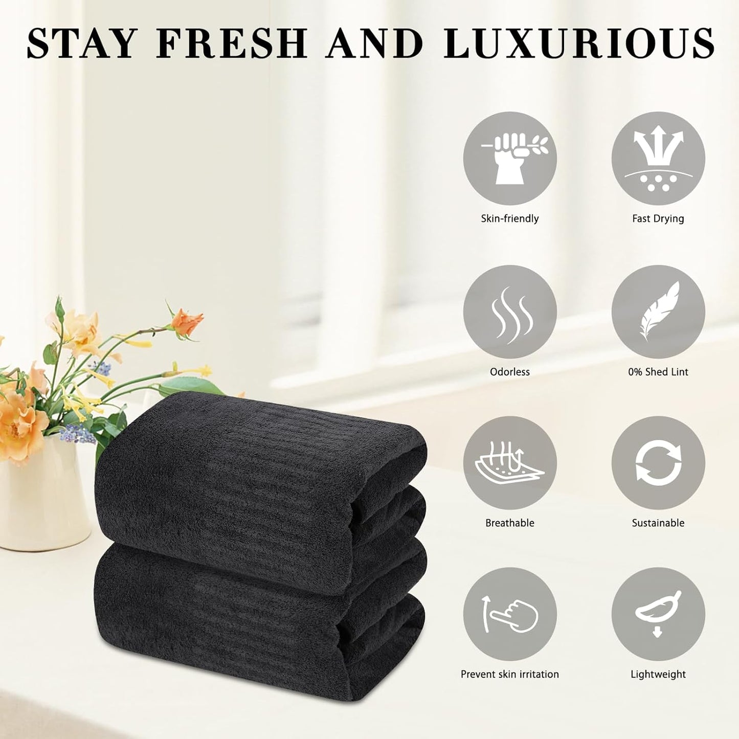 SEISSO Bath Towels,Extra Absorbent & Quick Drying Towels for Bathroom,Fibre Large Bath Towel,Super Soft Multipurpose Use for Fitness,Spa,Sports Towels,Yoga Towel (Dark Grey, 2 Piece Bath Towels)
