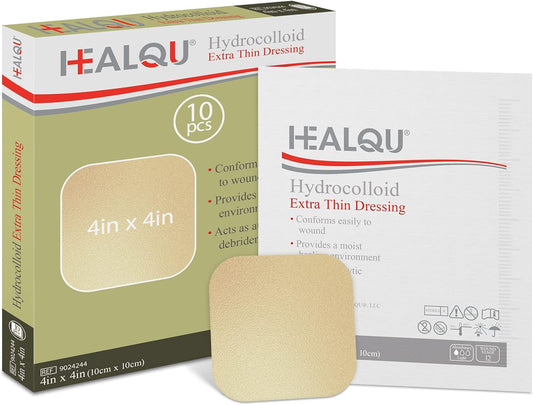 Healqu Hydrocolloid Wound Dressing - 4x4 Thin - Box of 10 Large Bandages - Sterilized Bordered Hydrocolloid Patches for Bed Sores, Abrasions, and More - Waterproof and Absorbent with Protective
