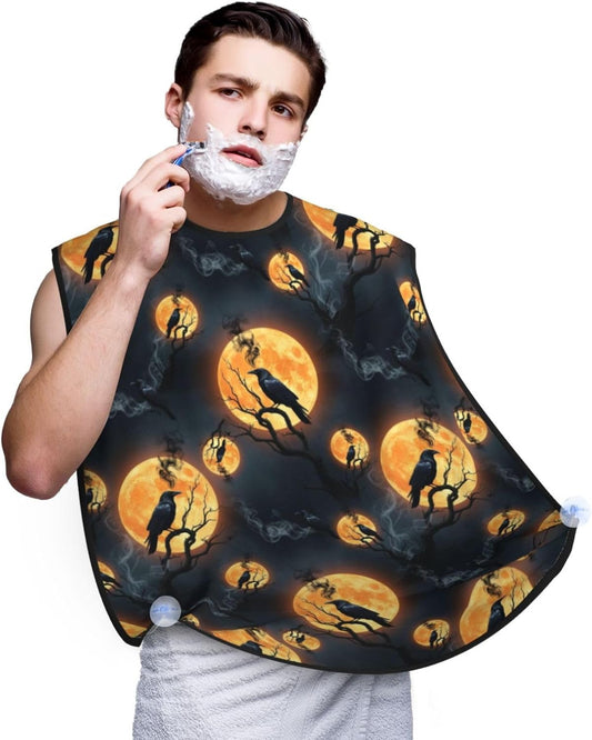 Men's Shaving Accessory Full Moon Black Crow Raven Bird, Waterproof Beard Apron with Hair Catcher & Suction Cups