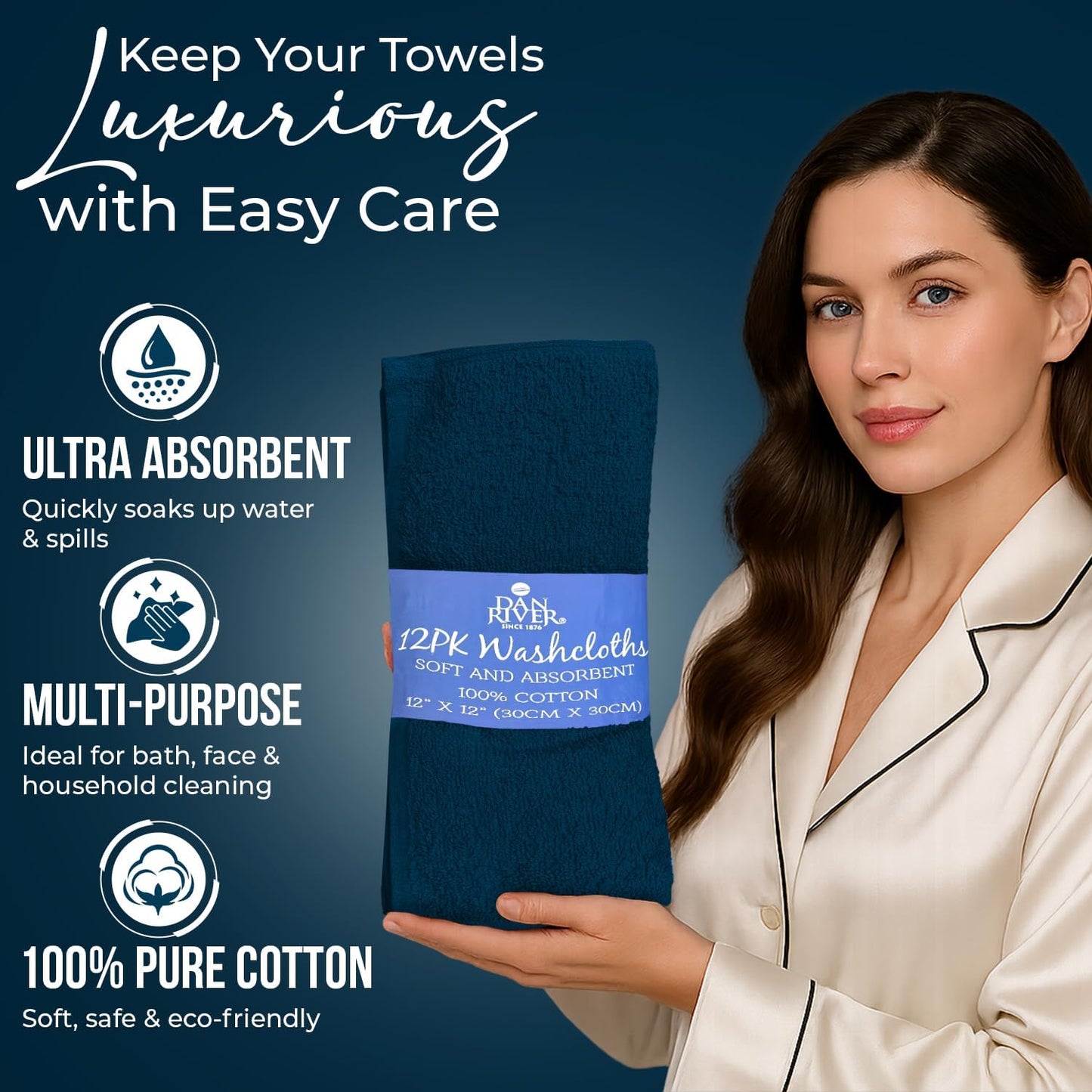 DAN RIVER 100% Cotton Wash Cloths 12 Pack [12x12] Soft & Absorbent wash Cloths for Body, Gym, Hotels & Spa Perfect for Everyday Use Fingertip Towels, Opal Blue
