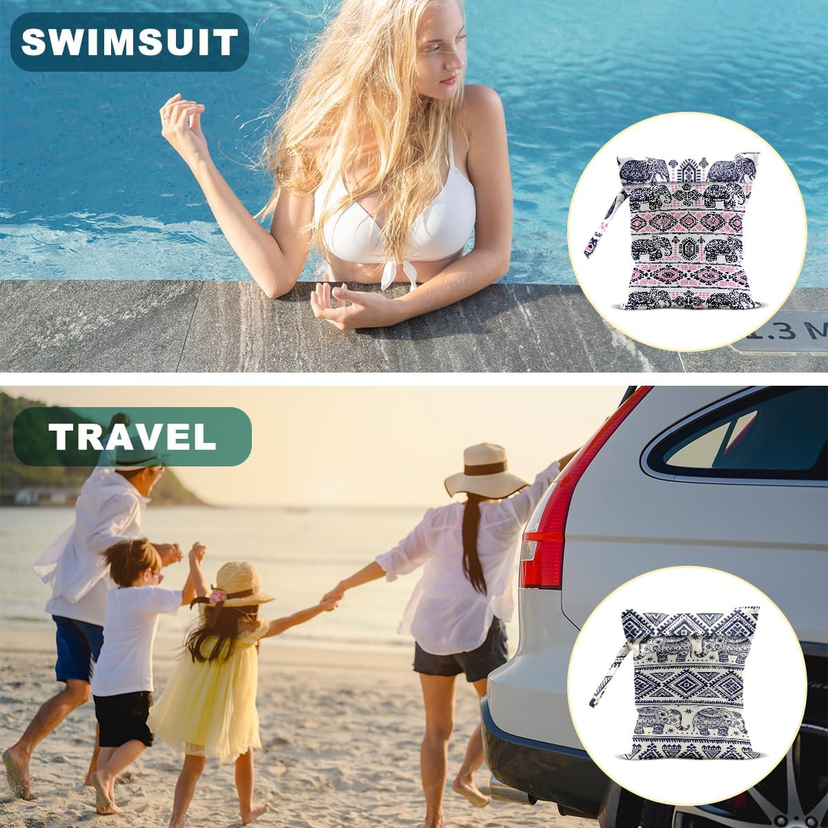 Elephant Gifts for Women, 2Pcs Elephant Print Wet Bags, Wet Dry Bag Reusable for Swimsuit, Travel, Diapers, Pool, Beach, Dirty Yoga Gym Clothes, Toiletries, Makeup Bag, Waterproof Birthday Gifts