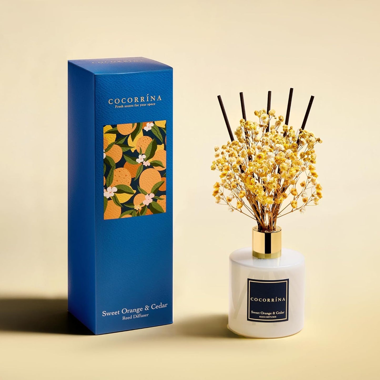 COCORRÍNA Reed Diffuser - Sweet Orange & Cedar 6.7 Fl.oz Reed Diffuser Set with Sticks & Preserved Baby's Breath, Reed Diffuser for Home Bathroom Shelf Decor