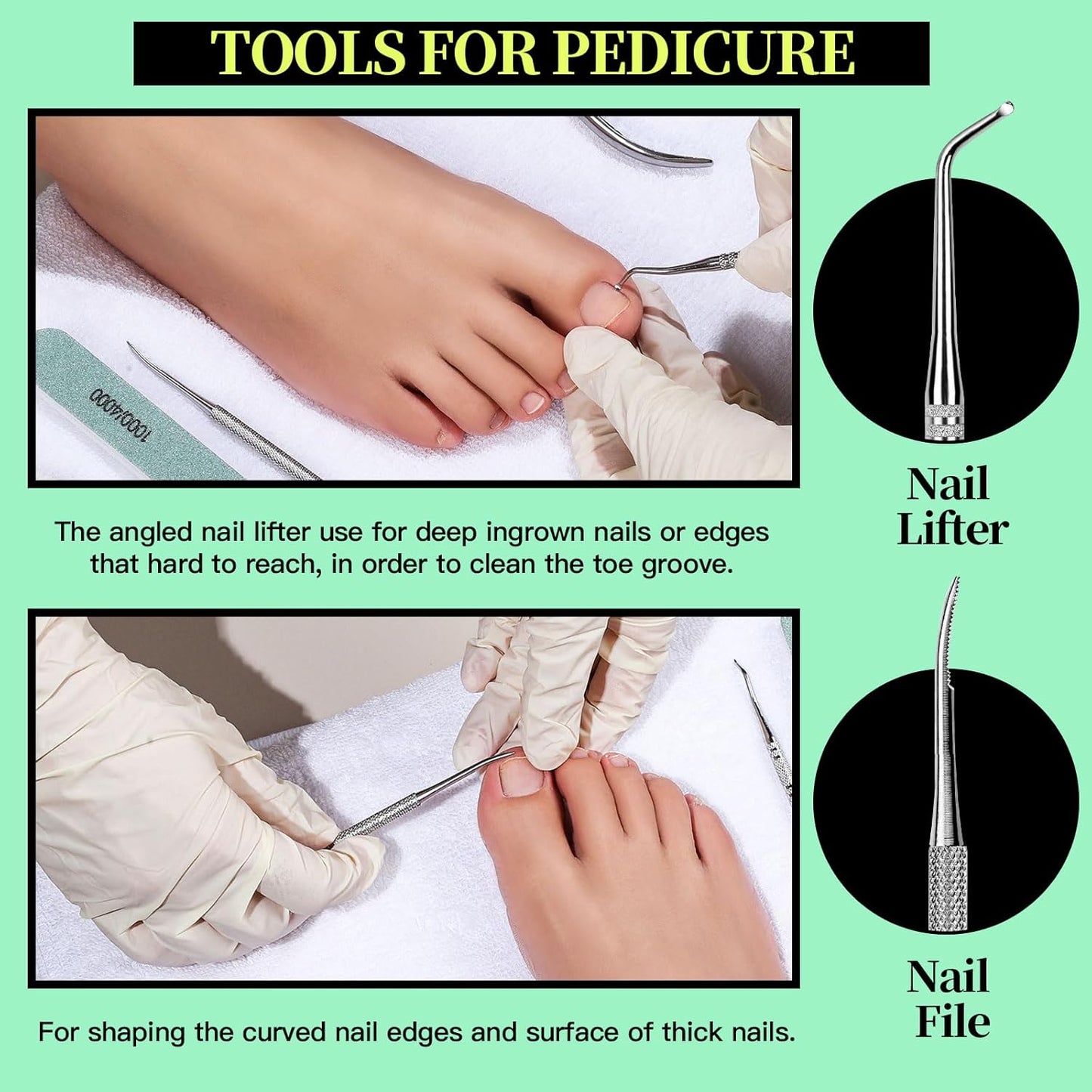 FANDAMEI Nail Tools, Nail Care Kit, Nail Files 100/180, Nail Buffer Block, Cuticle Nippers, Cuticle Pusher, Cuticle Peeler, Nail Lifter for Ingrown Toenails, Toenail File, Manicure Kit, Green