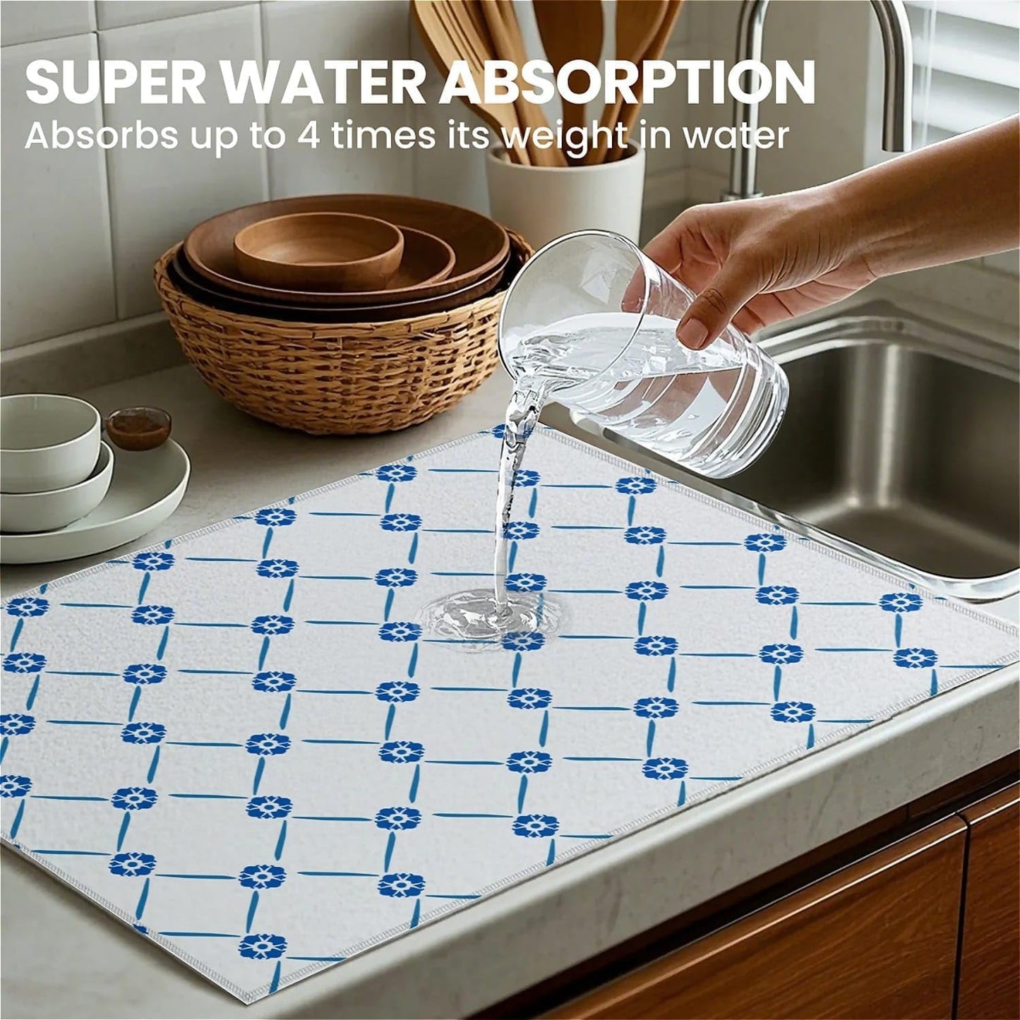 Dish Drying Mat For Kitchen Counter, Blue Floral Microfiber Absorbent Dish Drainer Rack Pad Reusable Large 18x24in Drying Mat