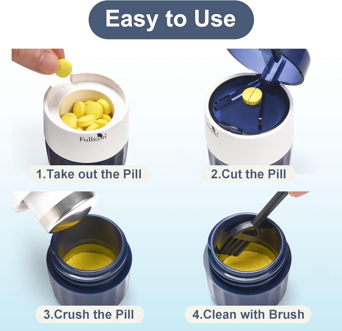 Fullicon 3 in 1 Pill Crusher Fine Powder with Stainless Steel Grinding Head, Pill Grinder for Elderly & Pet, Pill Cutter Splitter with Storage, Triturador de Pastillas with Free Brush (Indigo)