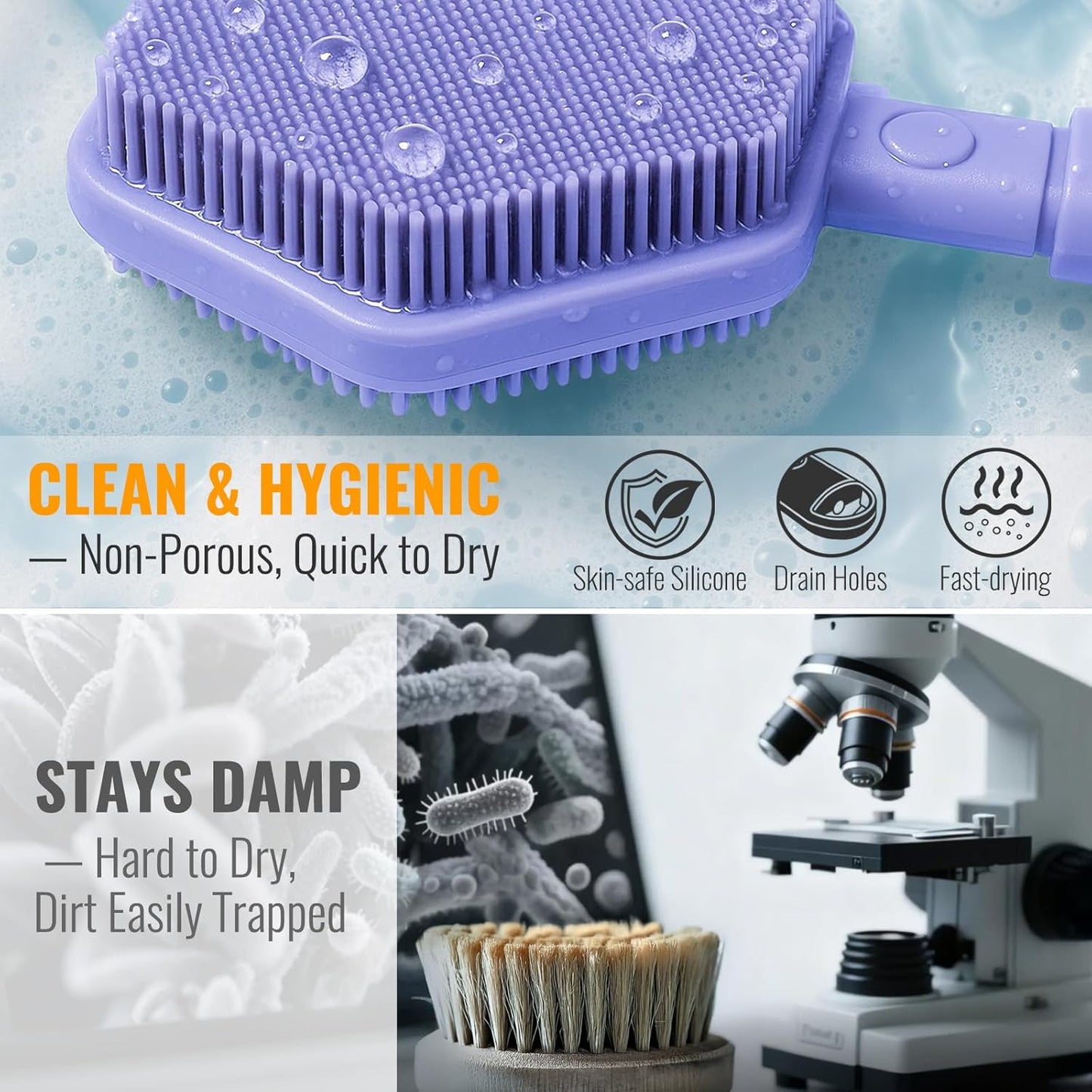 Silicone Back Scrubber for Shower – 21in Extendable Shower Brush with Long Handle – Dual-Sided Back Brush with Non-Slip Grip, Gentle Cleansing & Exfoliation for Men, Women, Elderly (Purple)