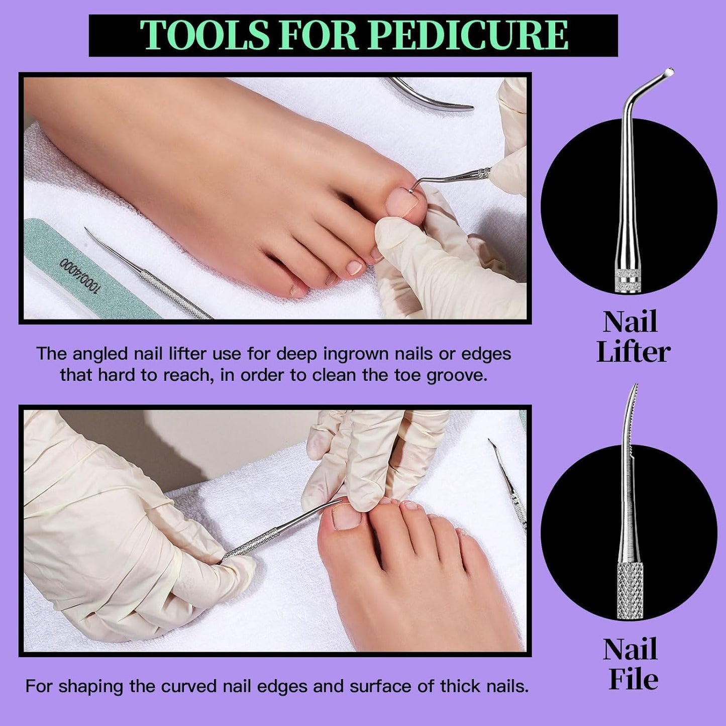 FANDAMEI Manicure and Pedicure Tools Kit, Manicure Kit, Nail Files 100/180, Nail Buffer Block, Nail Cuticle Nippers, Cuticle Pusher, Cuticle Peeler, Ingrown Toenail Tool, Toenail File, Purple