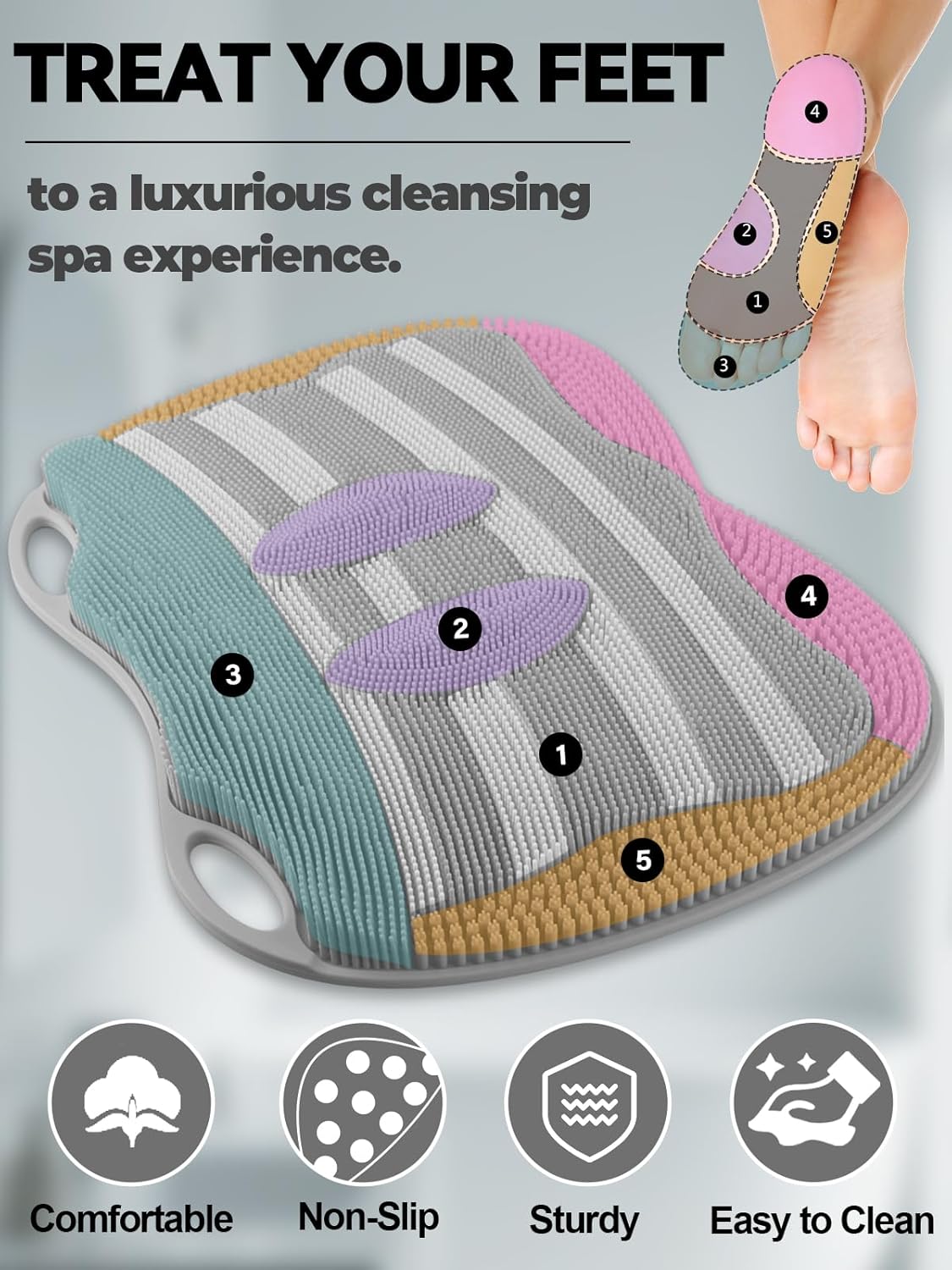 Kalolary Silicone Shower Foot Scrubber Mat, Large Foot Scrubber in Shower with Non Slip Suction Cups Foot Cleaner Brush to Clean Exfoliate and Massage Feet Without Bending Over Easy to Clean (Grey)
