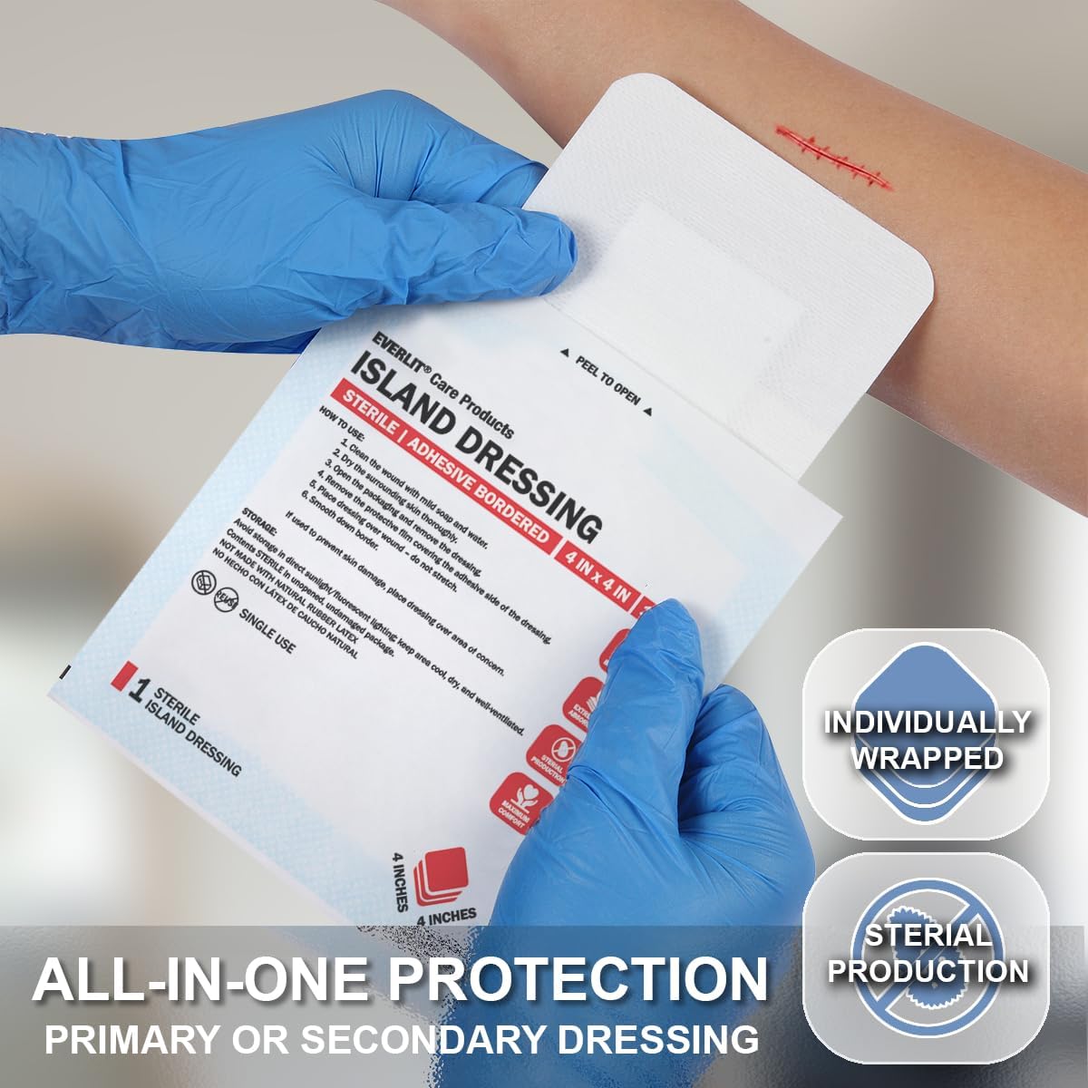 EVERLIT Island Dressing Bordered Gauze | Large Wound Care Bandage with Adhesive Border| Sterile, Soft & Highly Absorbent Medical Grade Dressing Pad (4x4 Inch (Pack of 50))