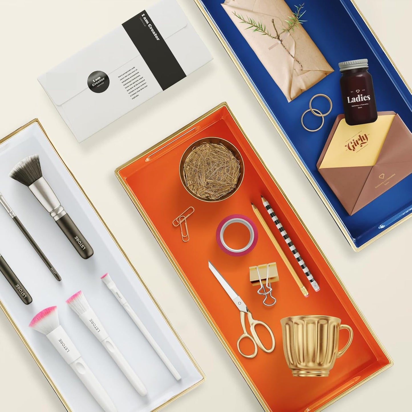 White Bathroom Vanity Tray for Countertop, Small Plastic Toilet Tank Versatile Storage & Organization Tray for Makeup, Perfume, Desk, Kitchen, Candles, 13.7"x6"x1.4", 35W