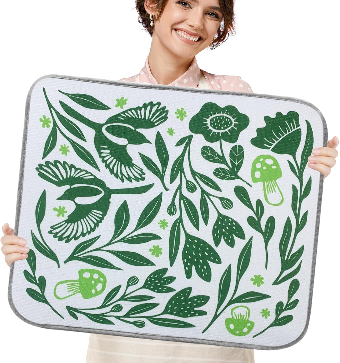 SHIYUE Dish Drying Mat for Kitchen Counter Super Absorbent Spring Kitchen Decor Microfiber Drying Matainers Rack Fast Pad Dish Drainer Mats(Green Flower Bird,18''x24'')