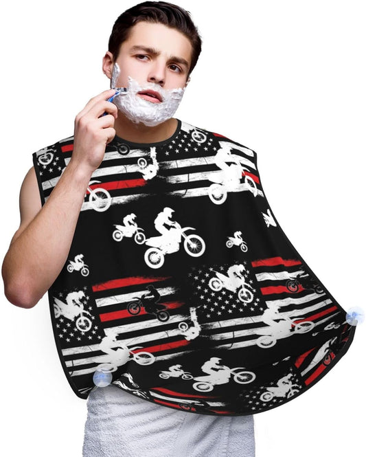 Beard Bib Apron for Men Shaving, Waterproof Non-Stick Hair Catcher with Suction Cups, Grooming Essential for Dad Husband, Motorcycle Dirt Bike Thin Red Line American Flag Black Shave Bib