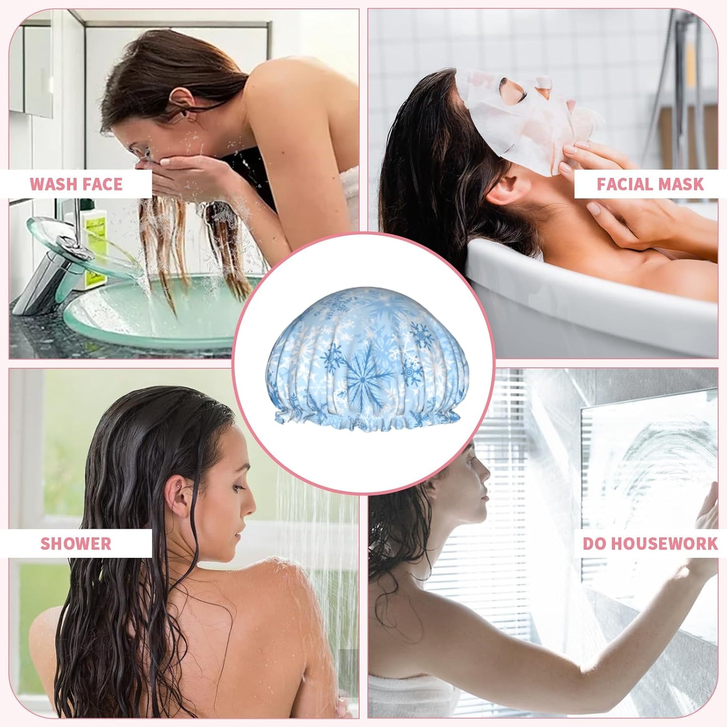 Winter Snowflakes Shower Caps Blue White Snowflakes Hair Caps for Shower Dual-Layer Waterproof Bath Hat Elastic Reusable Hair Hat for Shower Cooking Clean Makeup Travel