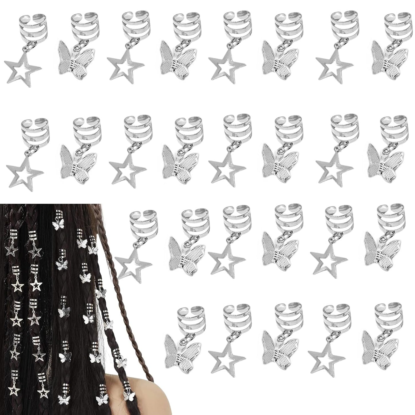 Silver Hollow Star ButterflyHair Jewelry for Braids; ButterflyMetals Cuffs Clip Hair Accessories Styling Fashion Toos for Women Men 35 Pcs (Sliver)