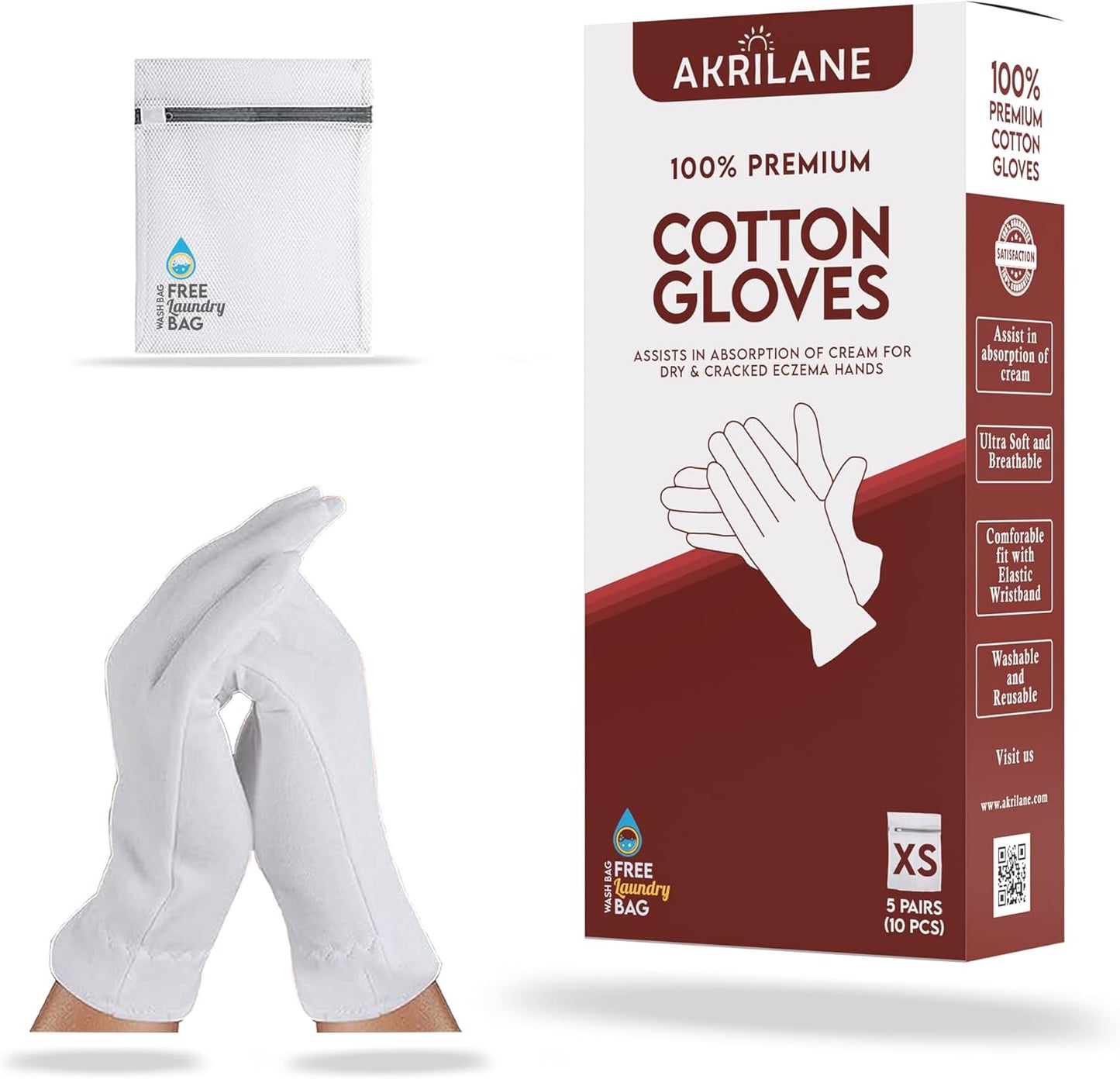 XS Extra Small 5 Pairs 100% Premium Cotton Gloves for Dry Hands | Moisturizing Overnight Gloves for Eczema, Psoriasis & Skin Spa Treatment for Women & Men | Washable & Reusable with Free Laundry Bag