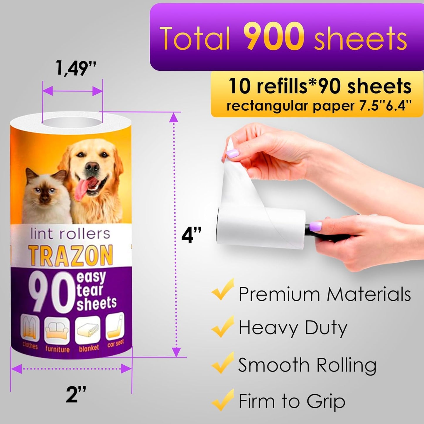 Lint Roller Refills 10 Pack of 900 Sheets / 10 Refills Rollers Only, Extra Sticky Roller for Pet Hair, Lint Remover Dog Hair Cat, Fuzz, Animal Fur, Stick Lint Removal Roller Clothes