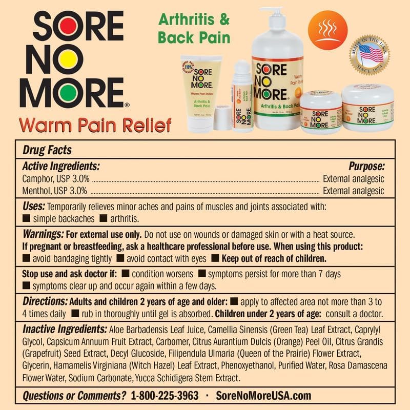 Sore No More Warm Arthritis Pain Relief Cream – Targeted Reliever for Back, Neck, Hands & Feet – Soothing & Fast-Acting Formula for Aches and Pains – Non-Greasy with Orange Aroma – 32 oz