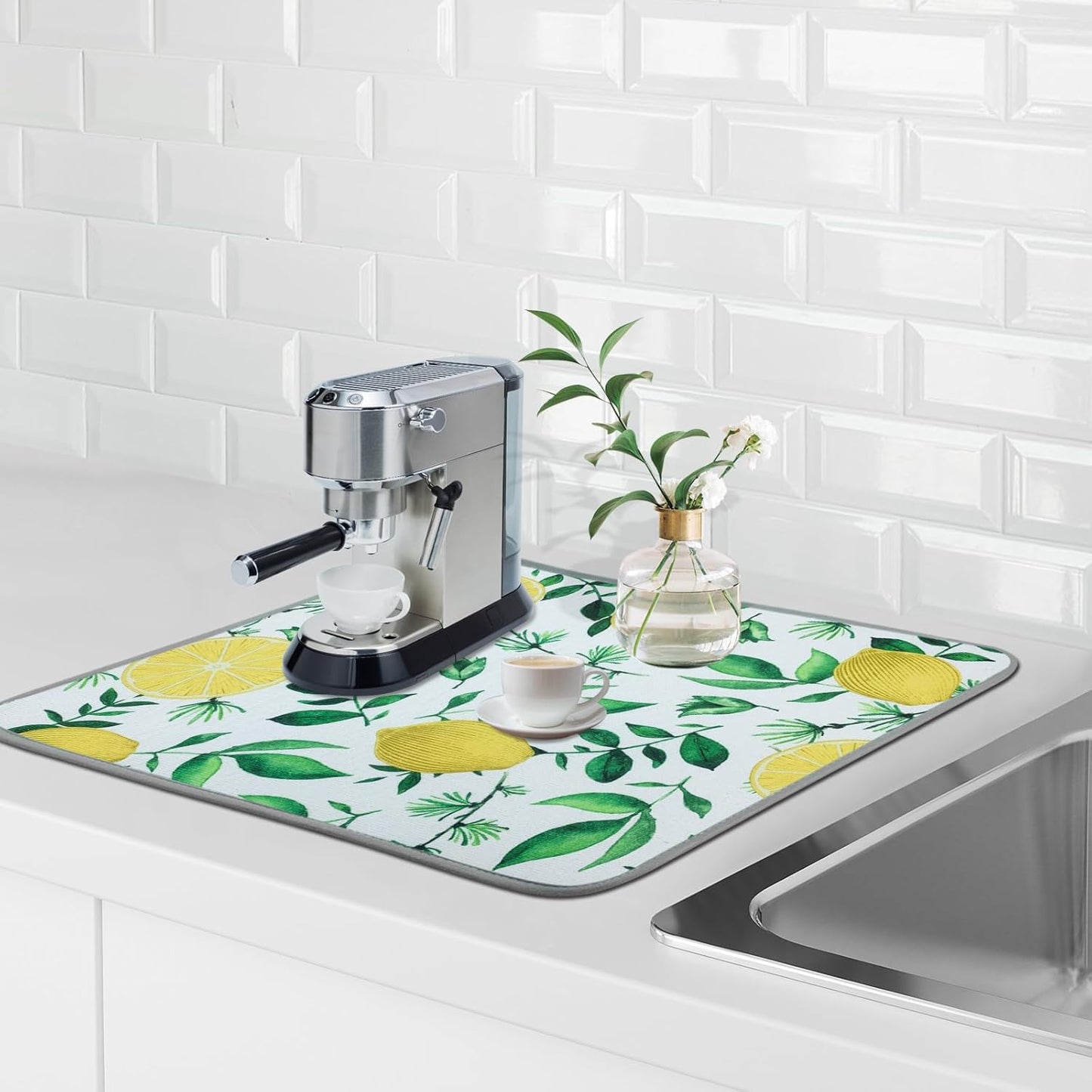 SHIYUE Dish Drying Mat for Kitchen Counter Super Absorbent Spring Kitchen Decor Microfiber Drying Matainers Rack Fast Pad Dish Drainer Mats(Yellow Lemon Green Leaves,18''x24'')