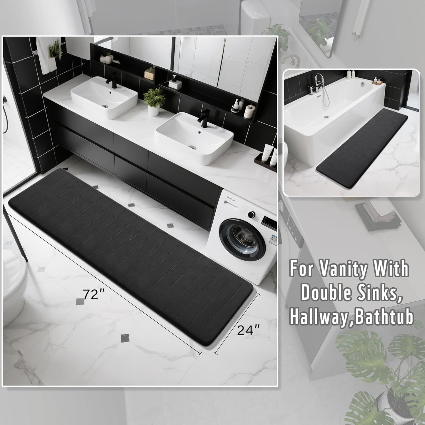 Yimobra Bathroom Runner Rugs 72"x24" Non Slip Washable Memory Foam Bath Mat, Super Soft Water Absorbent Hallway Carpet for Vanity Tub Shower, Black