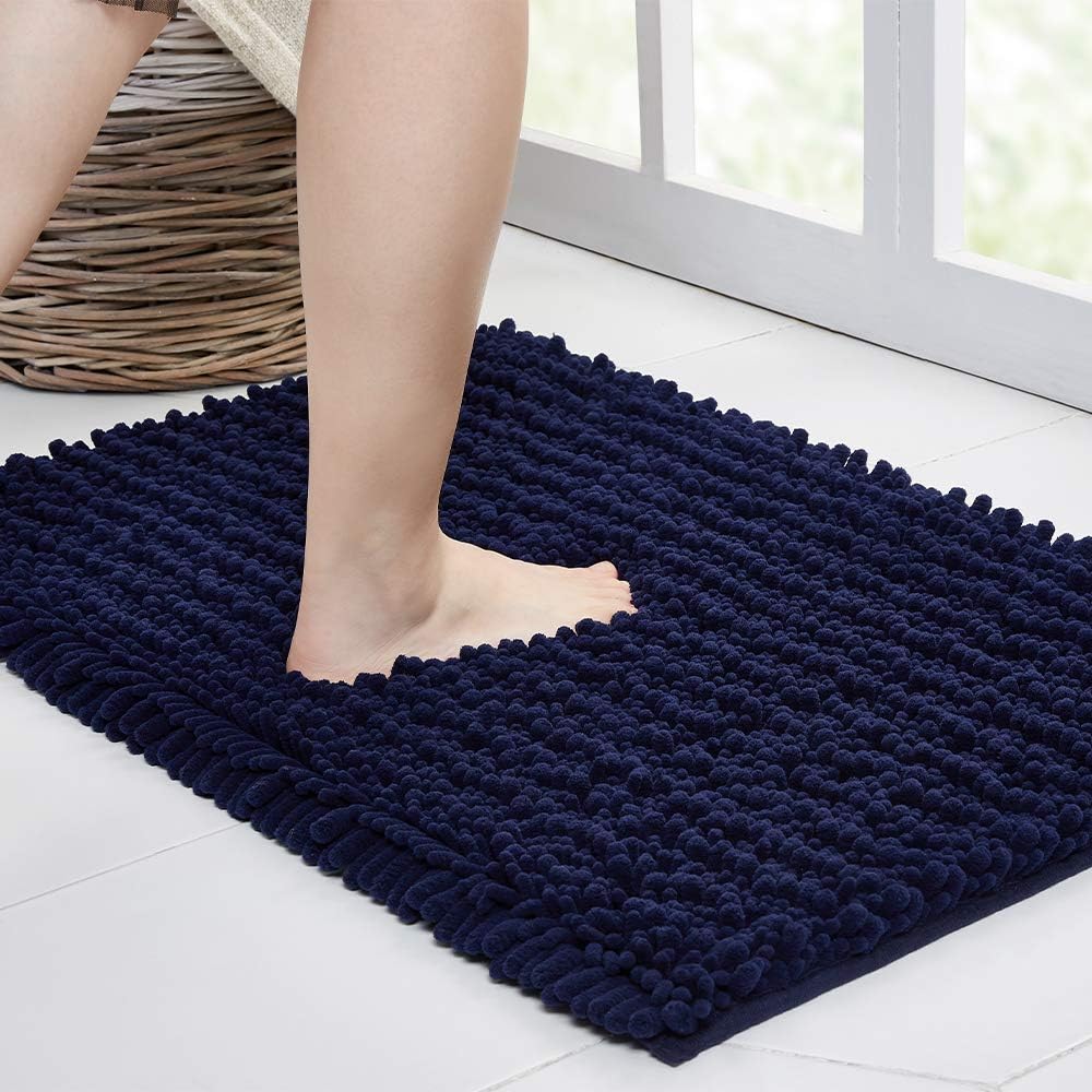 Walensee Large Bathroom Rug Non Slip Bath Mat (24x60 Inch Navy) Water Absorbent Super Soft Shaggy Chenille Machine Washable Dry Extra Thick Perfect Absorbant Best Plush Carpet for Shower Floor