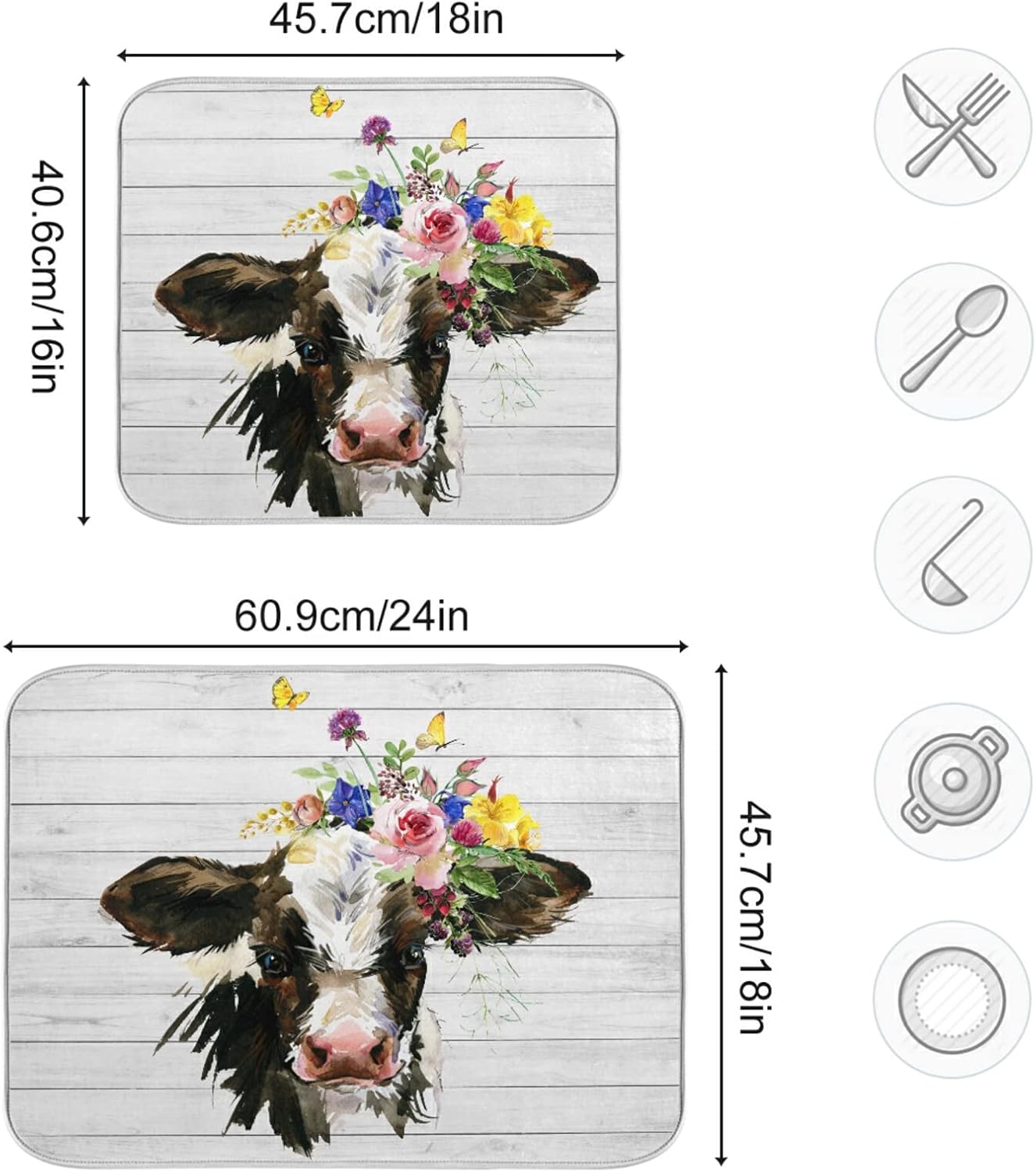 White Farmhouse Cow Wood Dish Drying Mats for Kitchen Drying Mat 16 x 18 Inch Absorbent Microfiber Drying Dish Mat Machine Washable Dish Rack Pad Dish Drainer Mat