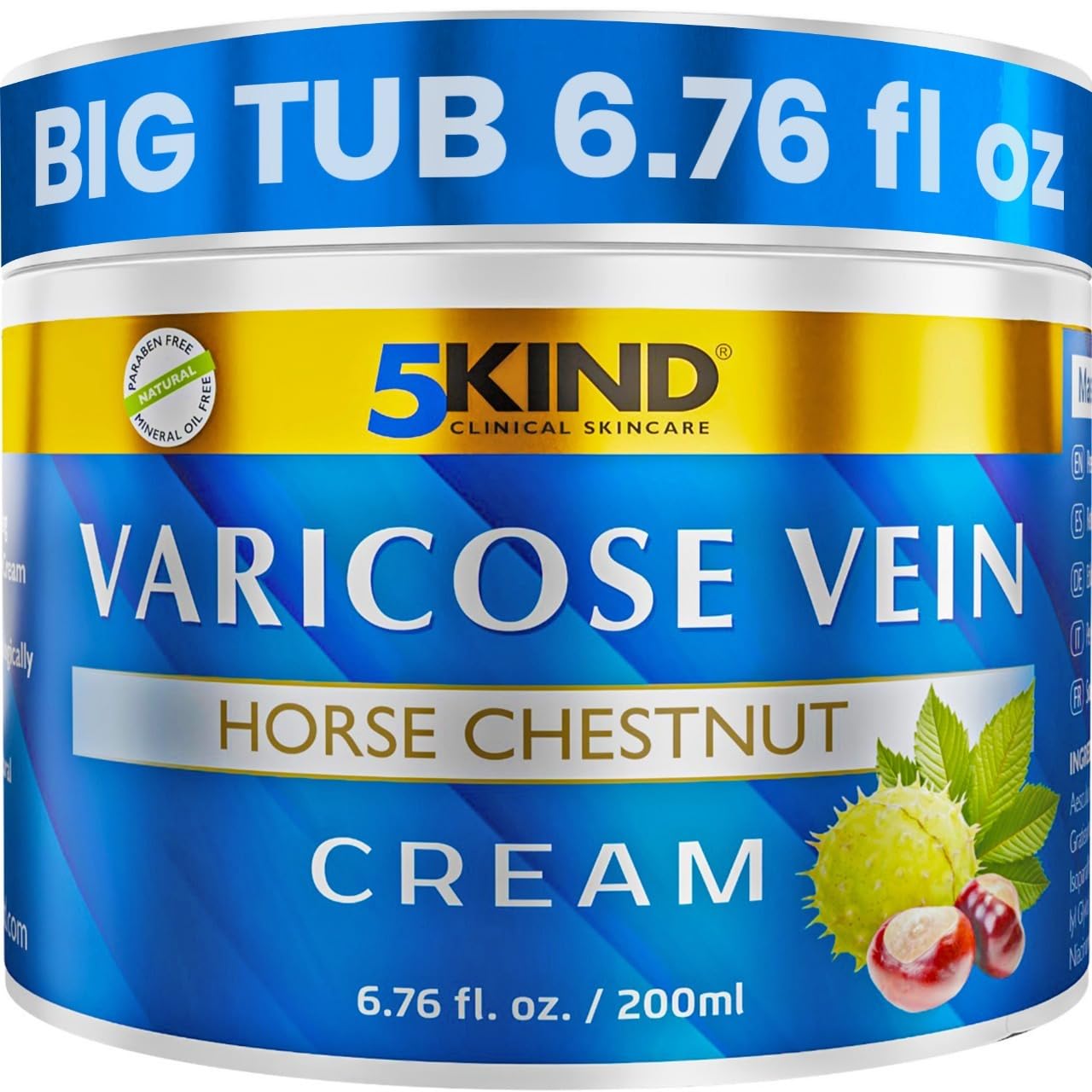 Professional Varicose Veins Cream 6.76 Fl Oz - Varicose Veins Treatment for Legs - Horse Chestnut Cream for Varicose Veins - Over 7 Natural Active Ingredients - Spider Veins Treatment by 5Kind