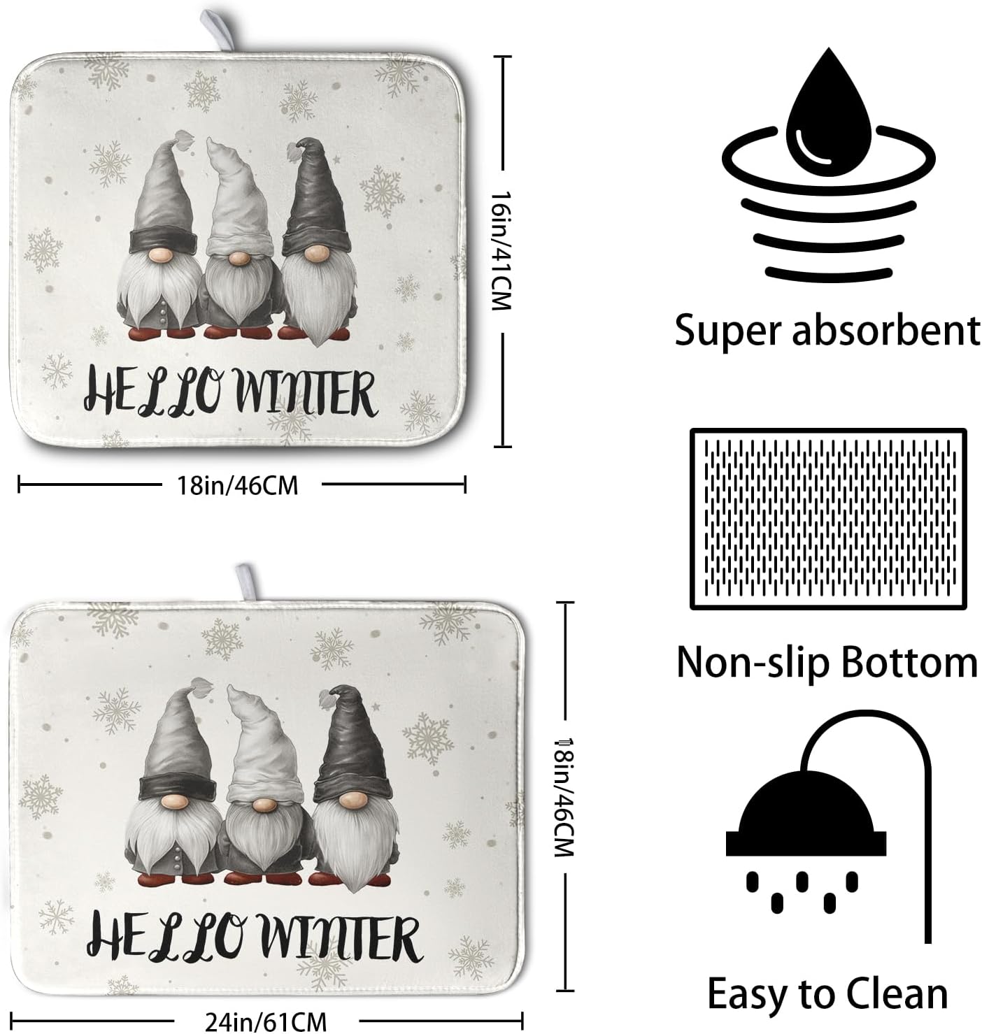 Winter Gnome Dish Drying Mat for Kitchen Counter 16x18 Christmas Snowflakes Santa Kitchen Drying Mat Hello Winter Dish Drainer Mat Super Absorbent Dish Rack Mat for Coffee Bar Countertop