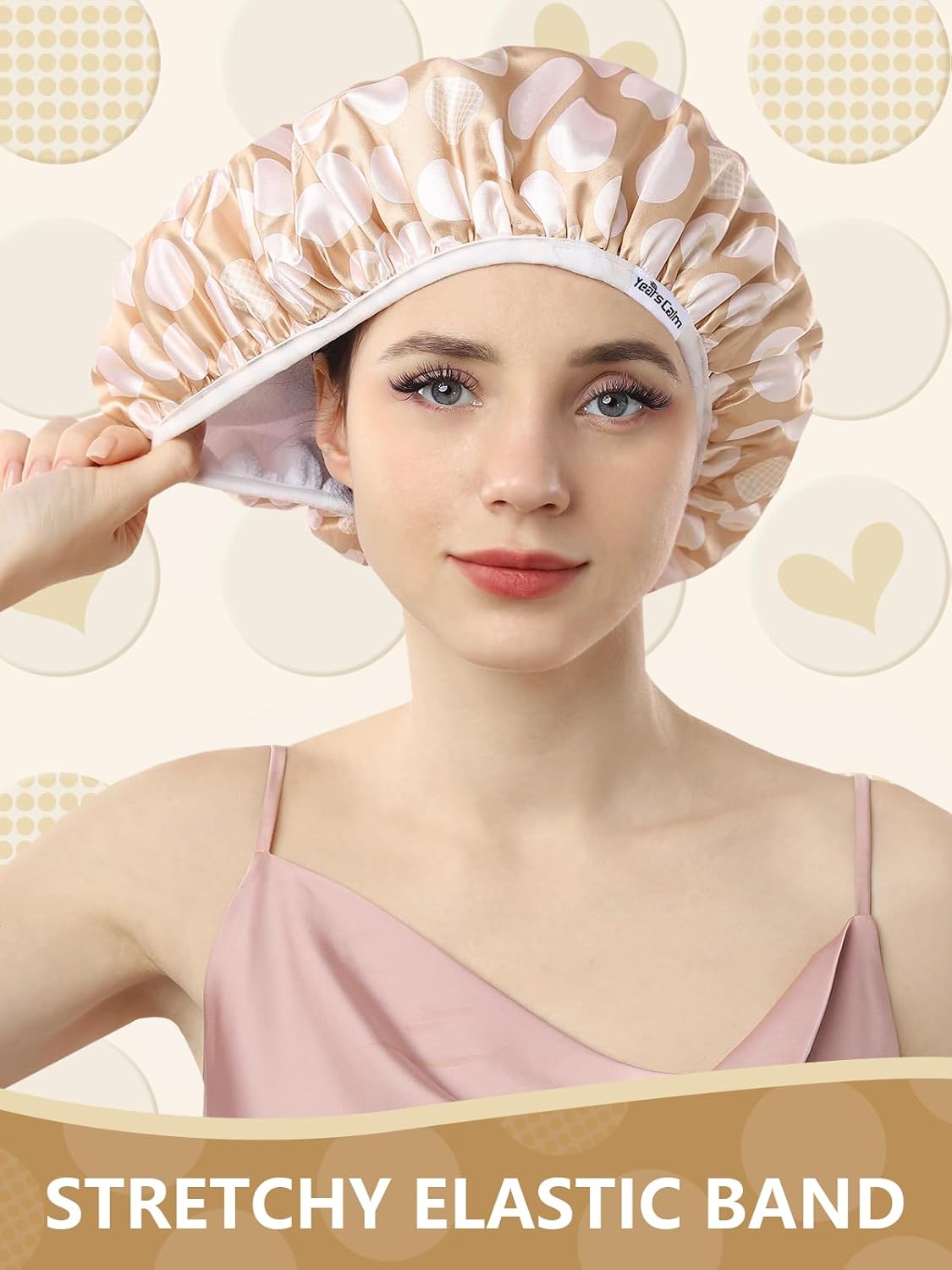 Years calm Terry Lined Shower Cap, Triple Layer Heart Motifs,Waterproof Reusable Elastic,Hair Shower Cap for Women,Terry Cloth Shower Caps for Spa,Clean,Trave (Beige, One Size)