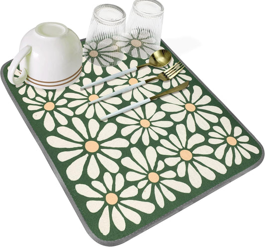 SHIYUE Dish Drying Mat for Kitchen Counter Super Absorbent Spring Kitchen Decor Microfiber Drying Matainers Rack Fast Pad Dish Drainer Mats(Green Flower,16''x18'')
