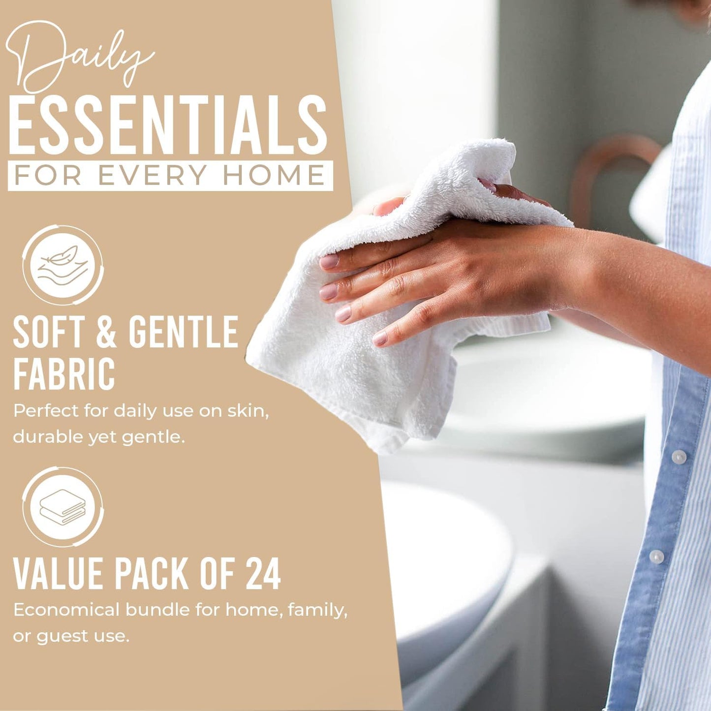 DAN RIVER 100% Cotton Wash Cloths 24 Pack [12x12] Soft & Absorbent Thin washcloths, Gym, Hotels & Spa Perfect for Everyday Use Fingertip Towels, Tan