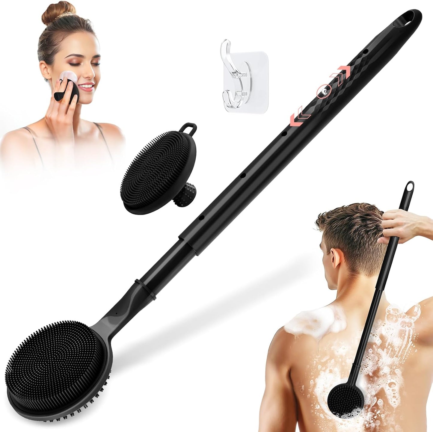 Adjustable Silicone Back & Face Scrubber Set, 16''-24'' Extendable Shower Back Scrubber with Dual-Side Head and Lathering Bristles, Manual Face Scrubber with Soft Bristle Non-Slip Handle(Black)