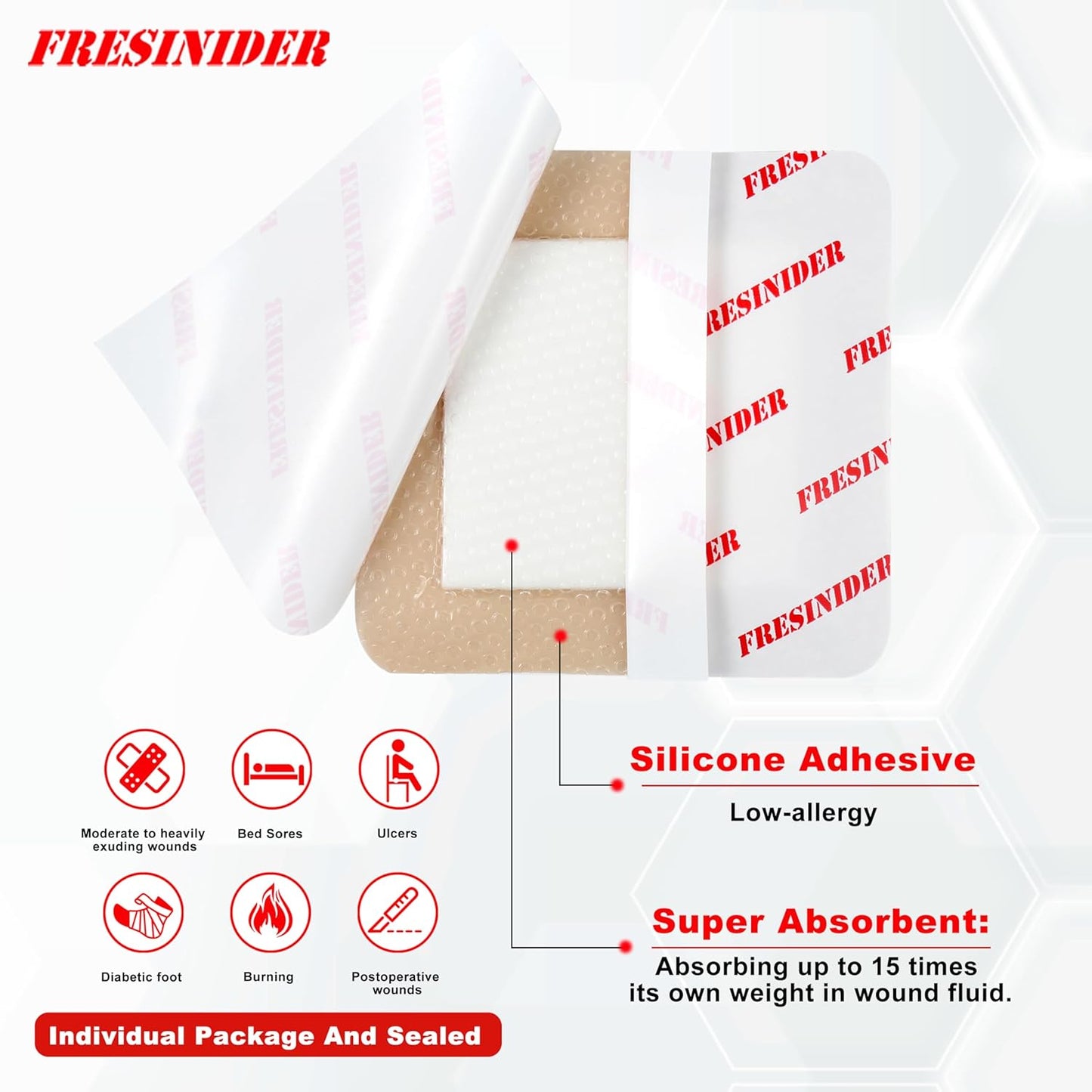 FRESINIDER Silicone Foam Dressing with Adhesive Border – Wound Dressing Bandage – Silicone Foam Pad – Pack of 10 – 4 x 4 Inches Large Waterproof Bandages – Self Adhesive Wound Care and Dressings