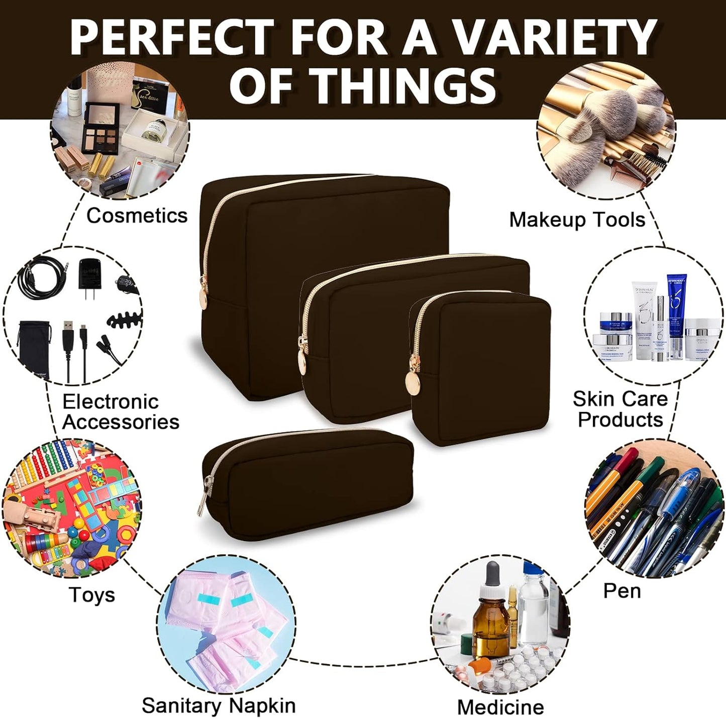 Mini Makeup Pouch for Purse, Small Cosmetic Bag Pouch Nylon Travel Toiletry Organizers Bag for Women Girls, Cute Zipper Coin Purse Preppy Storage Purse for School Work(Mini-Chocolate)