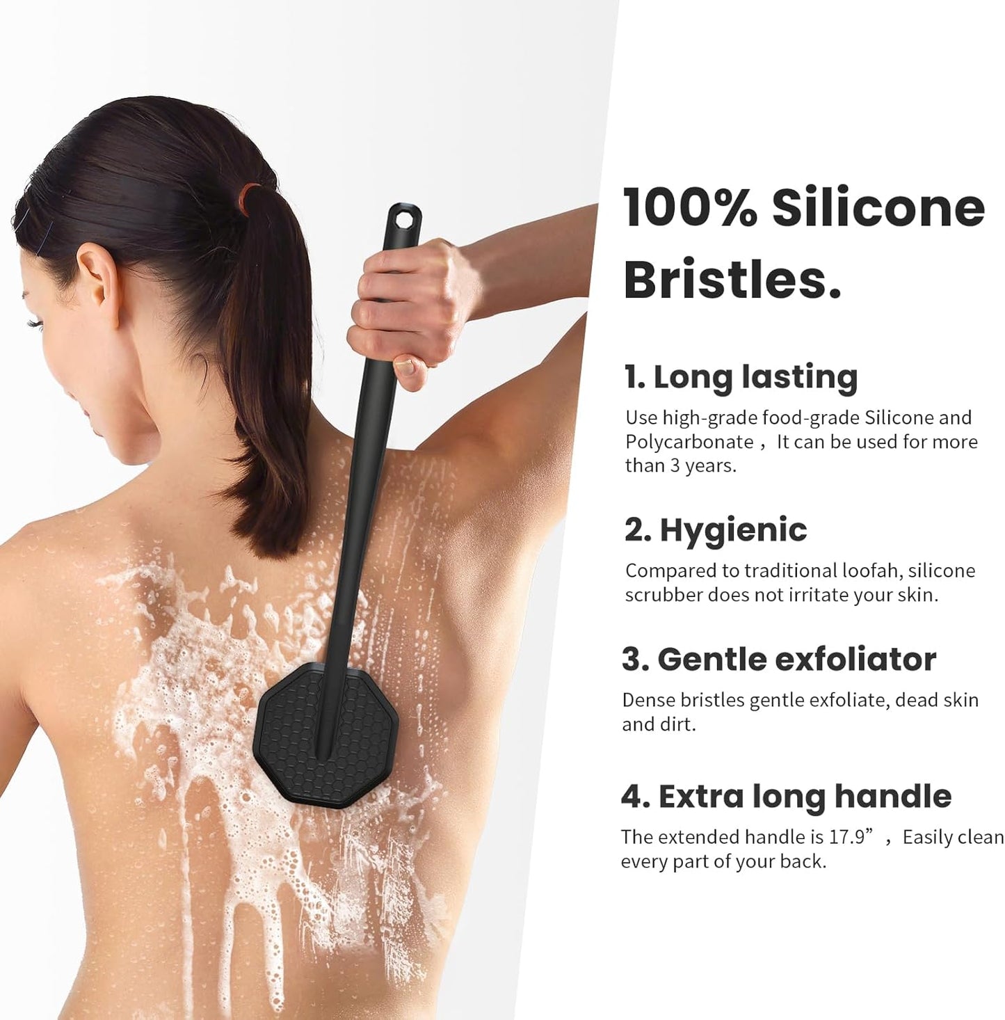 iTokGoK® Premium Silver-Infused Silicone Back Scrubber with Long Handle Back Brush for Shower,Back Brush Long Handle for Men and Women,Ergonomic No-Slip Handle, Long-Lasting (Black)