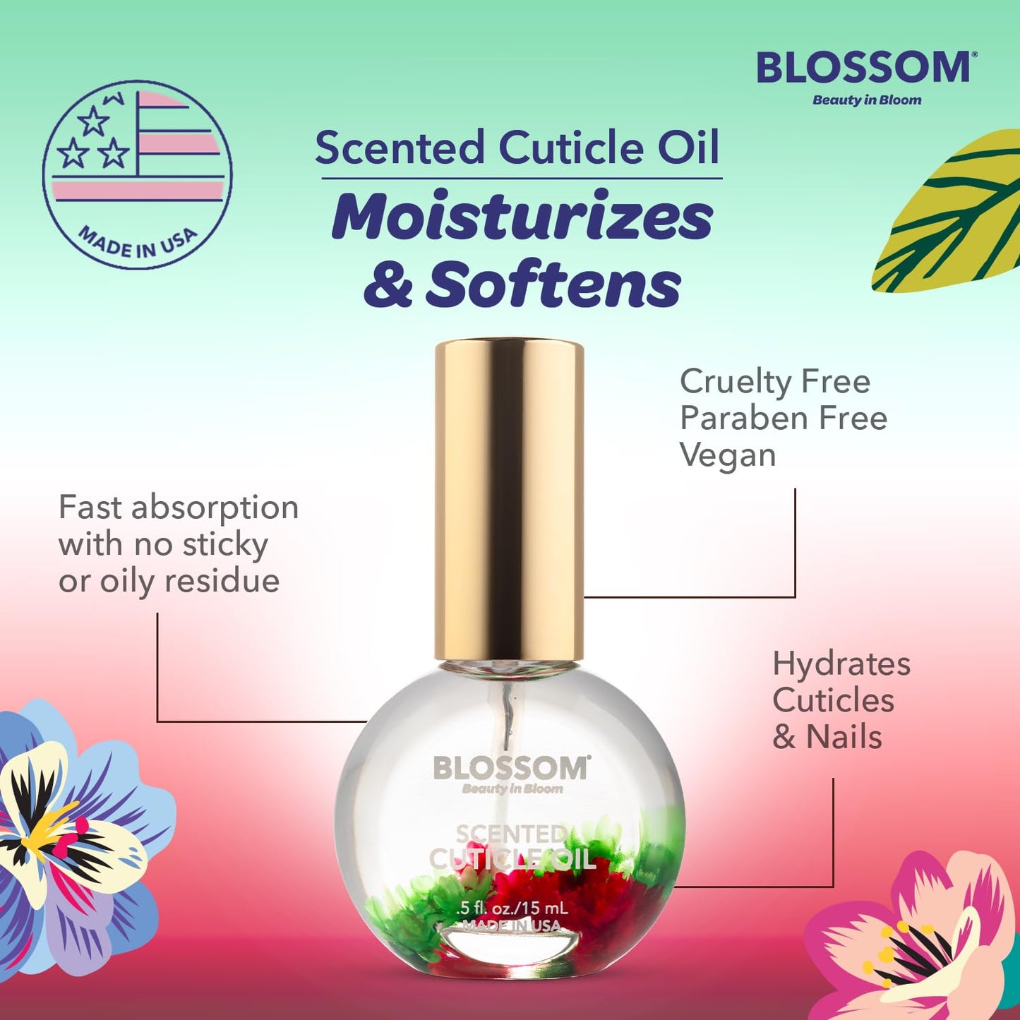 Blossom Cuticle Oil for Nails, Hydrating, Moisturizing, Scented Nail Oil Cuticle Care, Infused with Real Flowers, Made in USA, 0.5 fl. oz, Amazon Exclusive, Watermelon