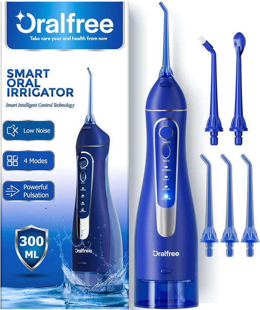 Oralfree Water Dental Flosser Cordless for Teeth Cleaning - 4 Modes Oral Irrigator 300ML Braces Flossers Cleaner, Rechargeable Portable IPX7 Waterproof Powerful Battery for Travel Home