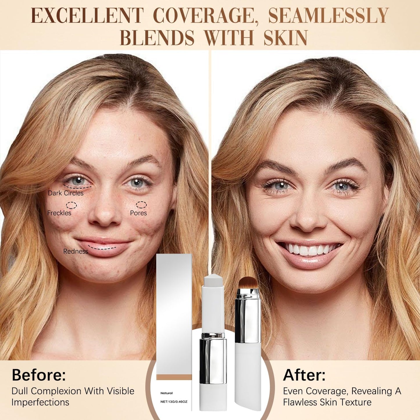 Blanc Cover Cream Stick, Color Changing Brightening Makeup Base, Hydrating Concealer, White Foundation for Flawless Look (Dark Skin)