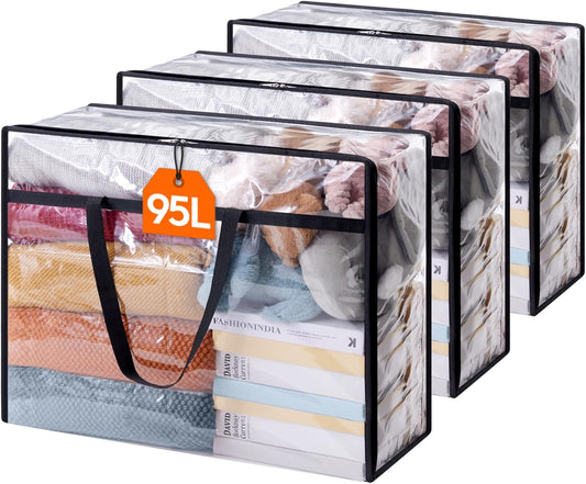 Lifewit 3 Pack Clear Clothes Storage Bags, 95L Plastic Blanket Storage Bag, Vinyl Foldable Moving Bags with Zipper，Closet Organizers and Storage Containers for Comforter, Bedding, Duvet, Pillow