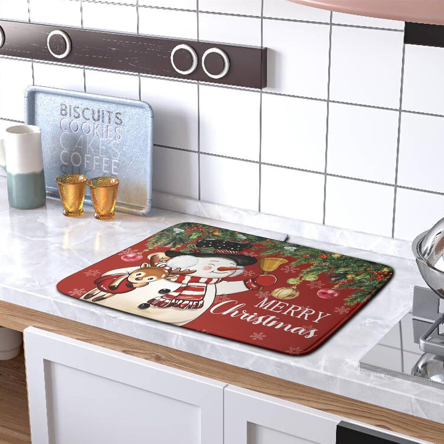 Christmas Dish Drying Mats for Kitchen Counter 18x24 Cute Snowman Red Dish Drying Pad for Dishes Winter Xmas Holiday Dish Draining Mat Absorbent Microfiber Dish Drainer Rack Mats