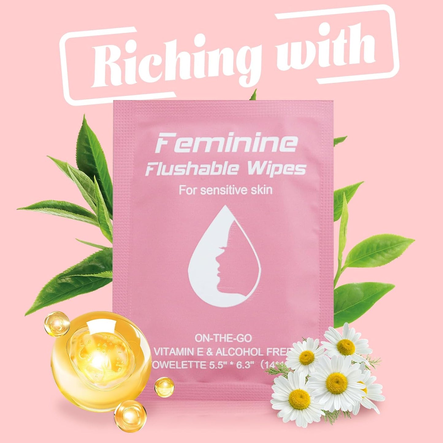 50 Feminine Wipes Flushable Travel Individually Wrapped,Travel Wipes for Women,Feminine Care Wet Wipes Travel Size Vaginal Wipes for Adult, Girl and Homeless