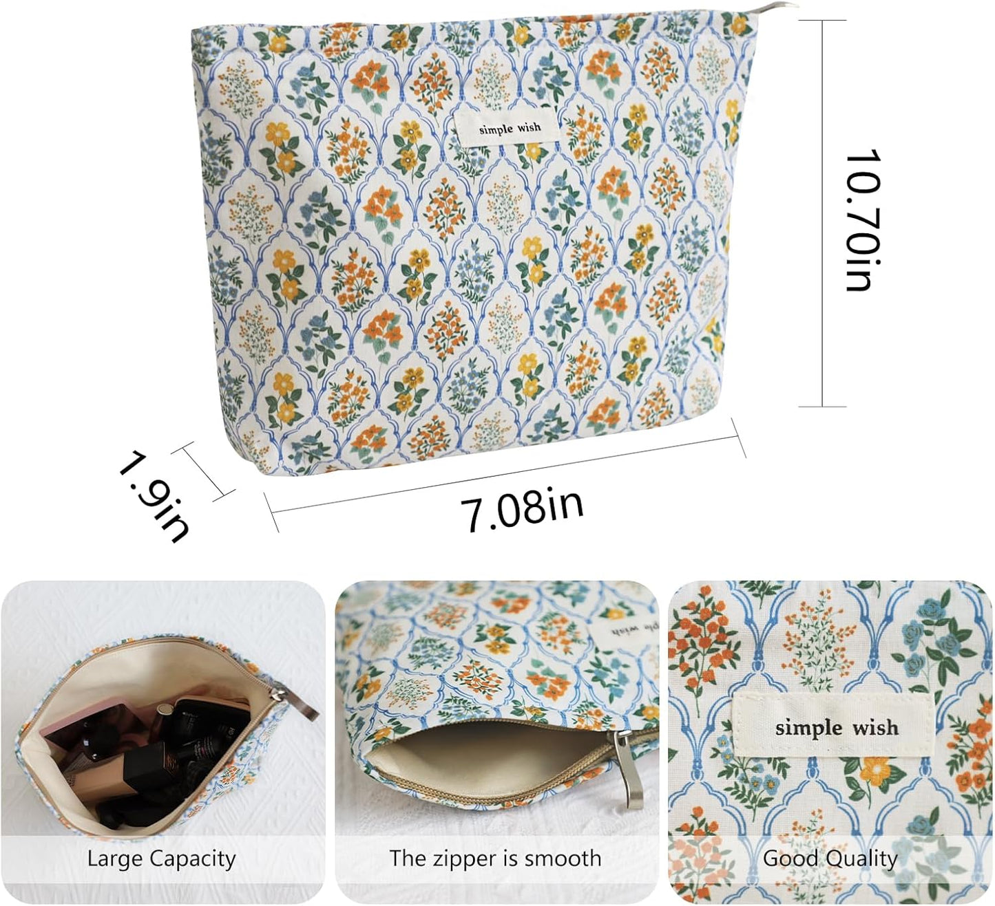 Wudygirl Cute Makeup Bag for Women - Travel Cosmetic Bag with Zipper Makeup Pouch Floral Make up Organizer Handbag Aesthetic (Blue Striped Floral)