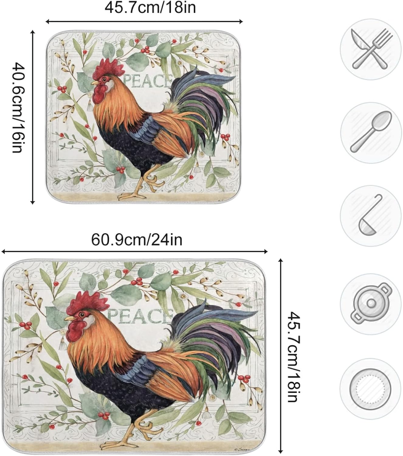 Farmhouse Rooster Farm Dish Drying Mats for Kitchen Drying Mat 16 x 18 Inch Absorbent Microfiber Drying Dish Mat Machine Washable Dish Rack Pad Dish Drainer Mat