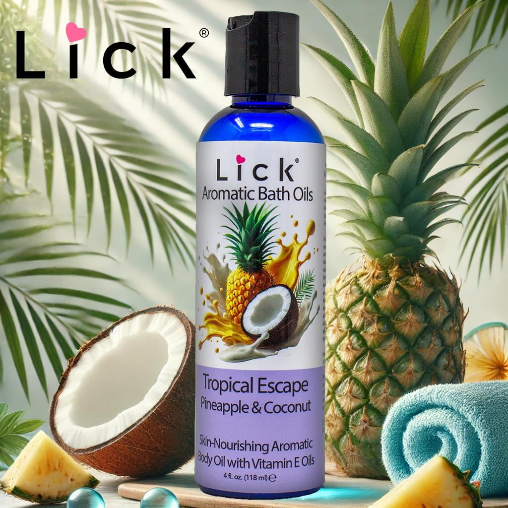 Tropic Escape Aromatic Bath Oil - Pineapple and Coconut. Natural Sweet Almond, Vitamin E & Jojoba Oils for Luxurious Experience for Women. 12 Enchanting Aromas, Made in USA 4 fl oz