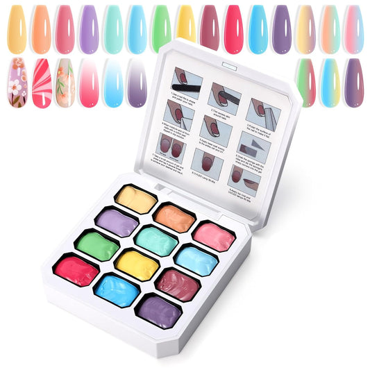 Gradient Painting Gel, 12 Bright Colors Ombre Gel Nail Polish for Pigment Pat Aura Nails, French Manicure DIY Nail Art Long-lasting No-wipe Cream Color Palette Lullaby Palette